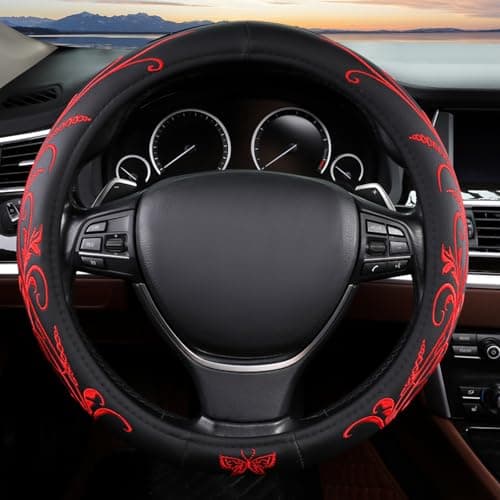 Red Embroidery Butterfly Car Steering Wheel Cover14515 Inch Universal Leather Covers Breathable AntiSlip Odorless Steering Wheels Accessories for Men Women
