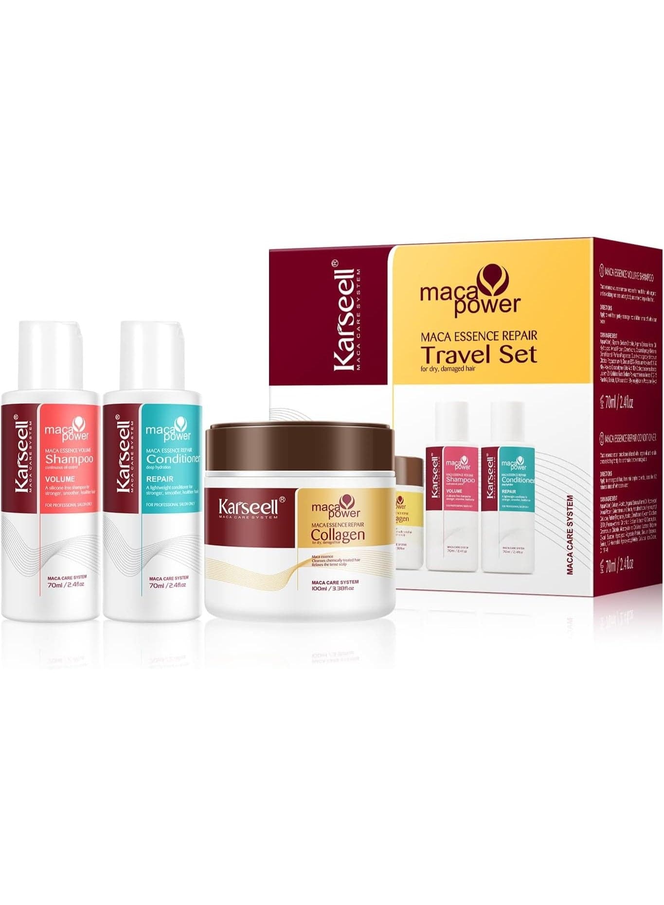Karseell Collagen Hair Treatment Deep Repair Conditioning, Hair mask Shampoo and Conditioner Travel set For Dry Damaged Hair All Hair Types 3.38floz +2.4floz+2.4floz