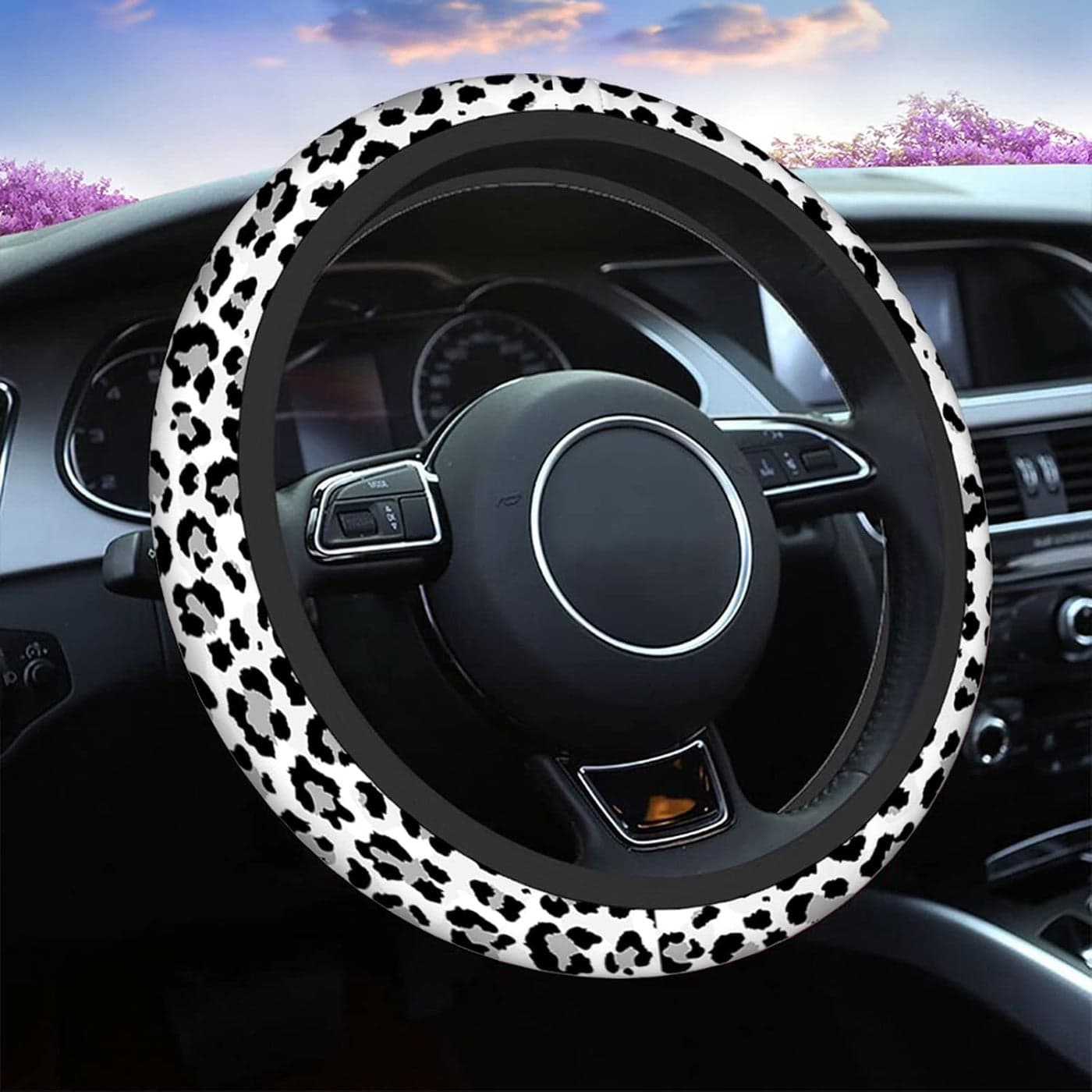 Swono Leopard Print Non-Slip Steering Wheel Cover - 15 Inch Neoprene Automotive Grip Protector