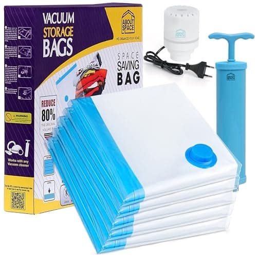 ABOUT SPACE 5 Pack Large Vacuum Bags for Travel with Electric Pump & Hand Pump | Space Saver Storage Organizer Bag for Pillows, Comforters, Ziplock Airtight Reusable Luggage Bags (Blue)