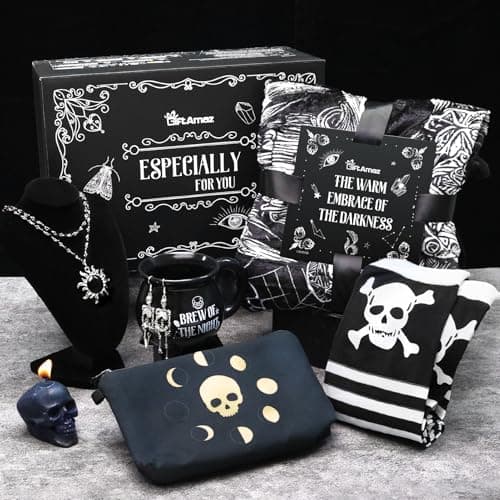 GiftAmaz Gothic Gifts for Women, Halloween Boo Basket Stuffers, Spooky Gifts Basket Goth Theme Box with Gothic Coffee Mug, Spooky Blanket, Halloween Gifts Party Basket for Women Teens Girls Friends