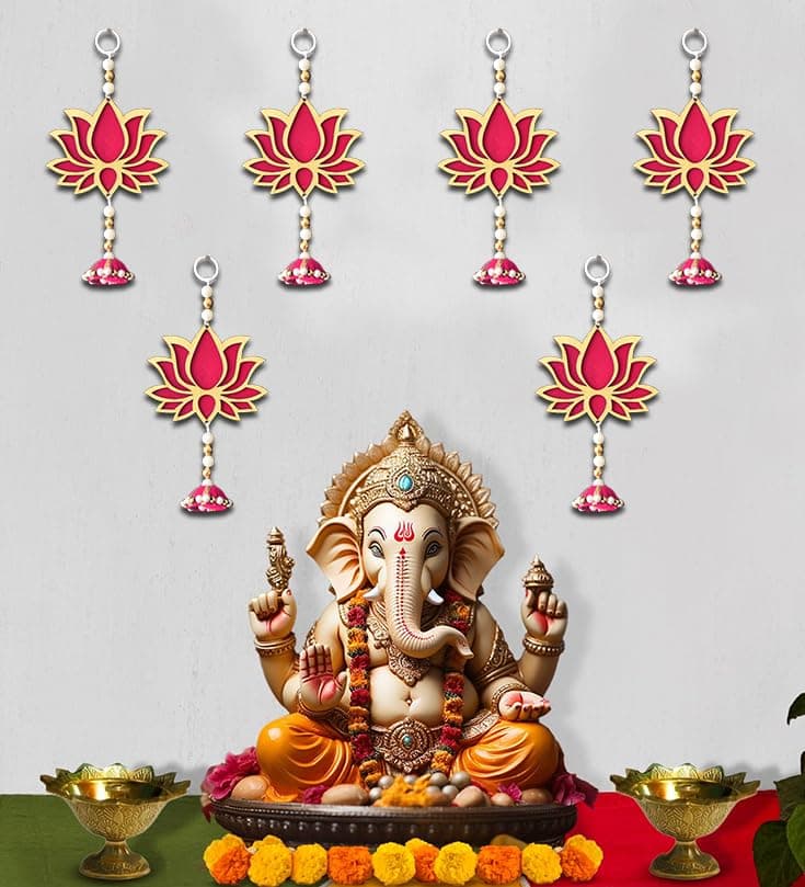 Saugat Traders Wall Decor Lotus with Jhumki Style for Home Decor, Diwali, Wedding, Festival Decoration Pooja Temple Pink Lotus Wall Hangings Ganpati Decoration 10 Pieces