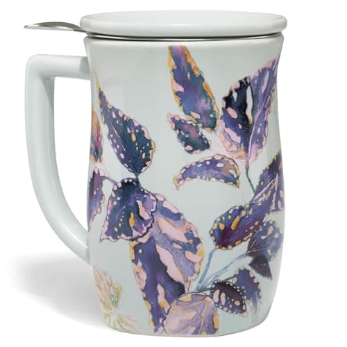 Tea Forte Ceramic Fiore Cup with Handle, Removeable Stainless Steel Infuser Basket and Lid, Steeps 14 oz Loose Leaf Tea, Dishwasher & Microwave Safe, Demoiselle