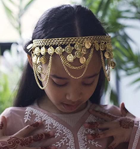 idealway Girls Belly Dance Hair Hoop Indian Gold Plated Dance Headband Tribal Headband with Chain and Coin Ornaments