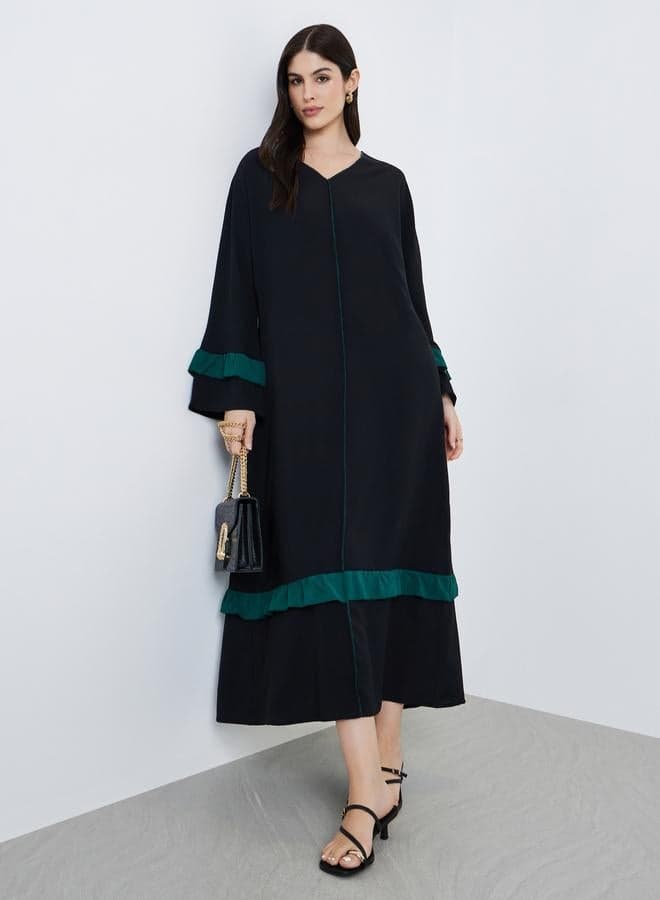 Women Black Ruffled Detail Maxi Jalabiya