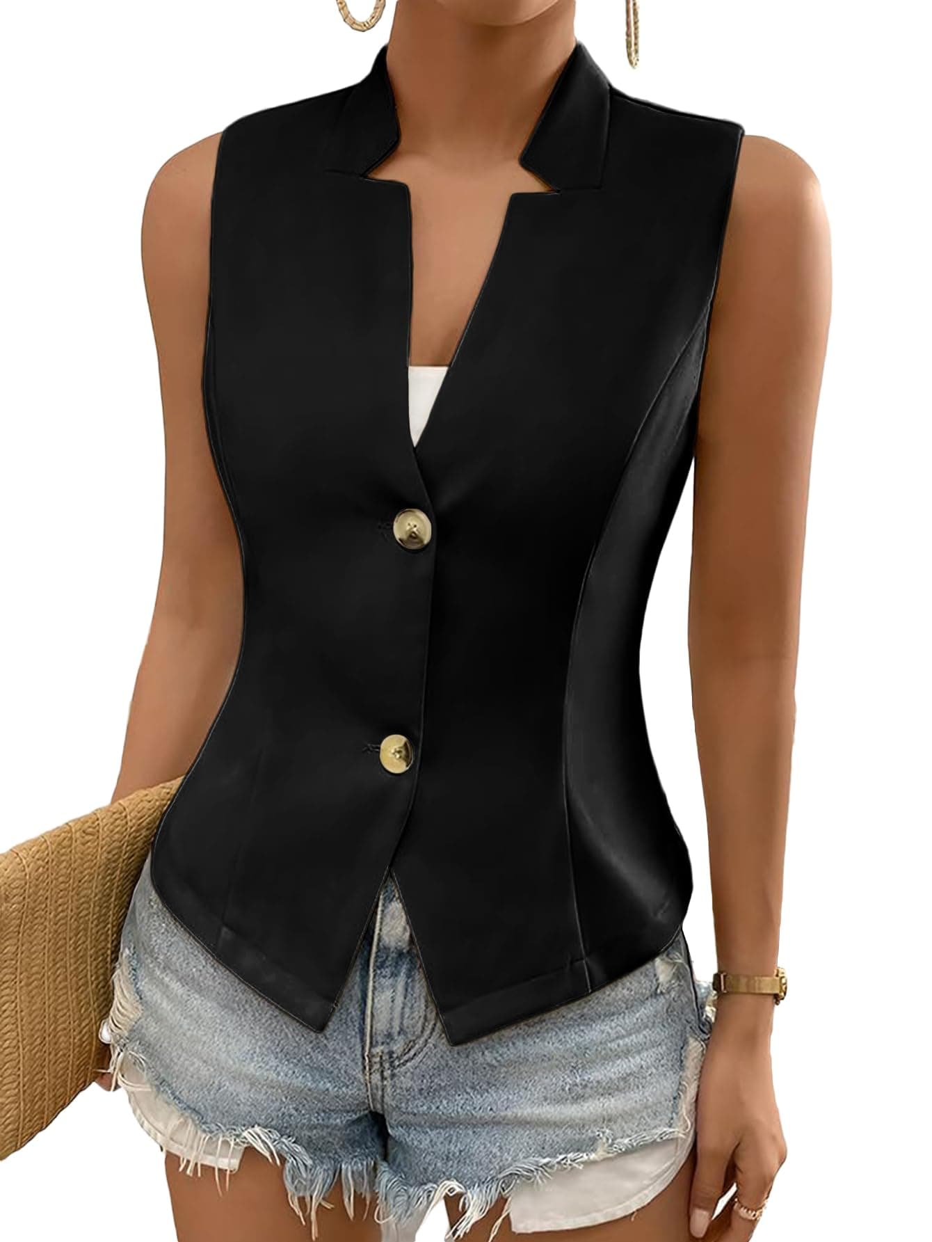Mina Self Sleeveless Vest Tops For Women 2025 Summer Black Lightweight Fashion Trendy Business Casual Cute Womens Suit Vests Women's Light Jackets Work Office Beach Vacation Clothes Outfits Black M