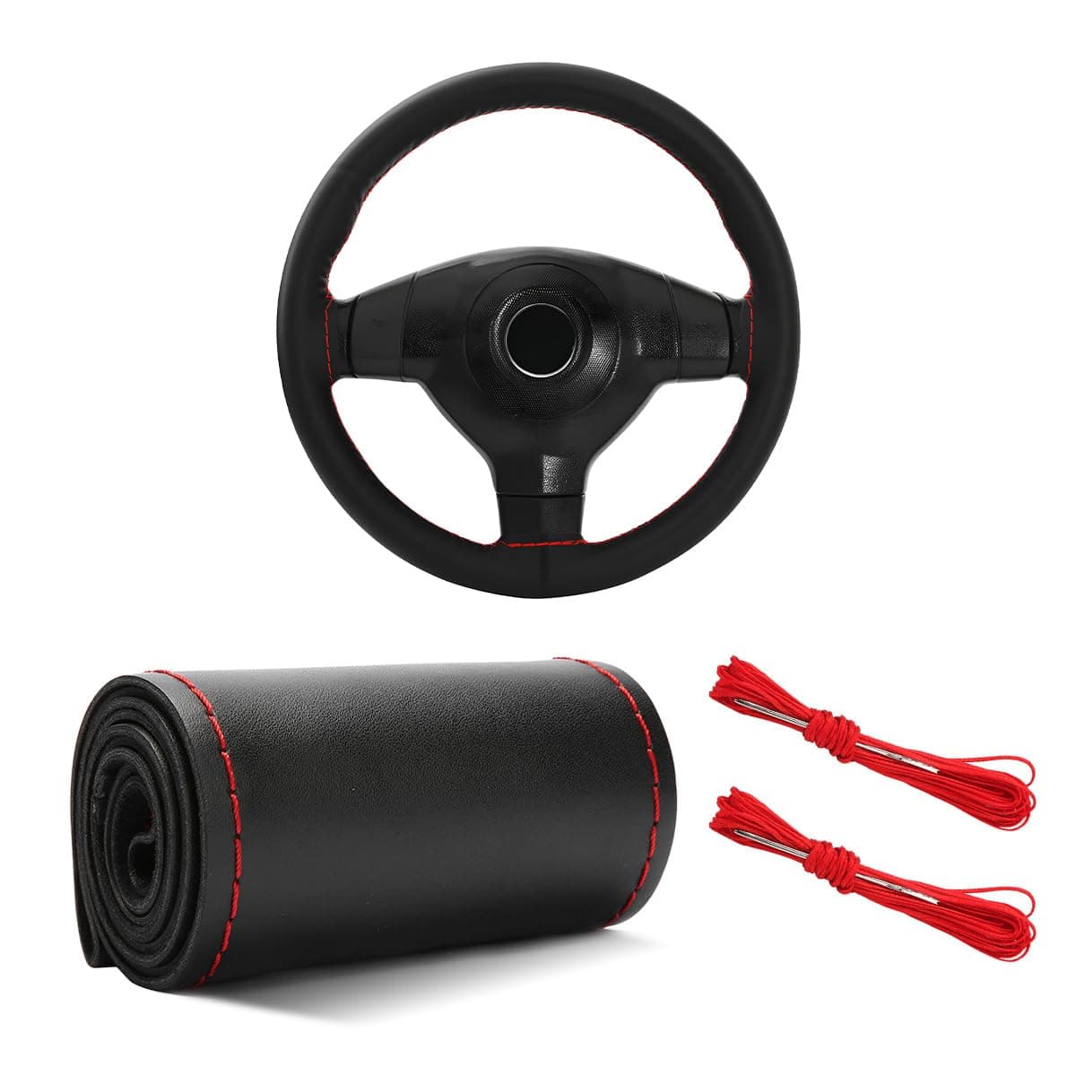 Yourkar Leather Steering Wheel Cover 1515 Breathable Steering Wheel Cover DIY Kit with Needle Thread NonSlip Leather Stitch on Wrap Steering Wheel Protector Car Accessories Black Red
