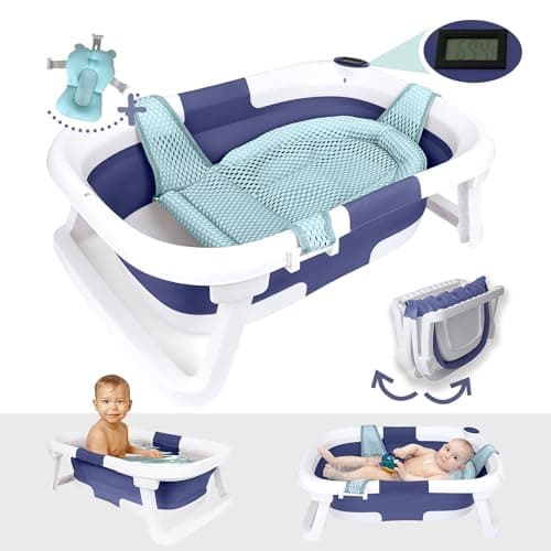 BEBELEH™ Collapsible Baby Bathtub with Thermometer – Bathtub + Baby tub Sling + Newborn Sling – Baby Bathtub Newborn to Toddler 0-24 Months – The Ultimate Baby Bath tub! (with Thermometer,Blue)