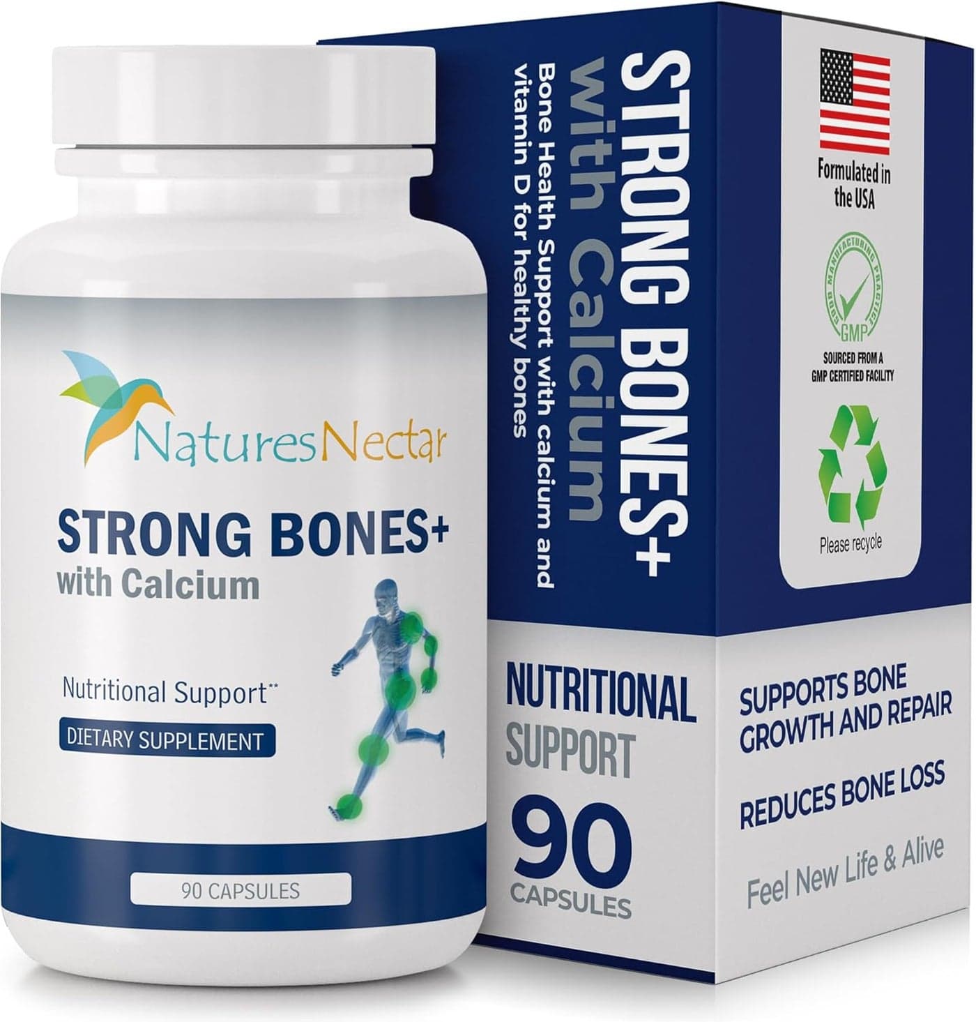 Natures Nectar Bone Joint Supplements for Men Women Supports Bone Health Strength Growth with Calcium Vitamin D Magnesium Strontium Bone Builder Formula for Maximum Absorption 90 Caps