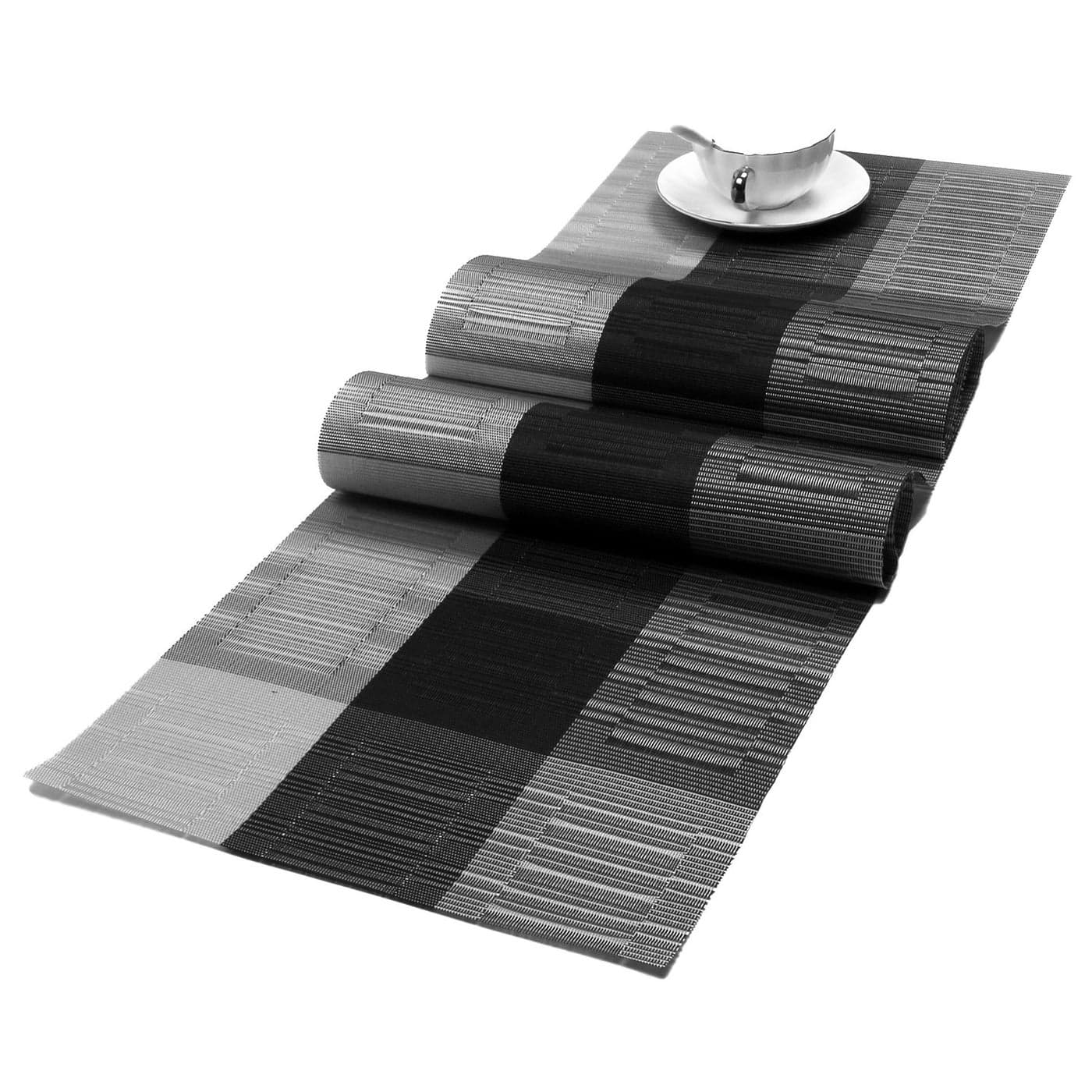 SHACOS Woven Vinyl Table Runner 12 x 54 inch PVC Runner for Dining Table Coffee Table Counter Wipe Clean Indoor Outdoor Ombre Black and Gray