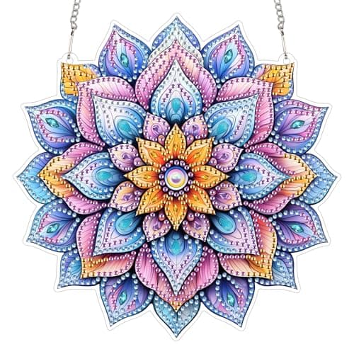 Bimkole Mandala Flower Diamond Art Hanging Kit for Adult DIY 5D Diamond Art Window Pendant Acrylic Crystal Art Hanging Ornament Home Wall Garden Front Door Sign Outdoor Decor 78x78 Inch
