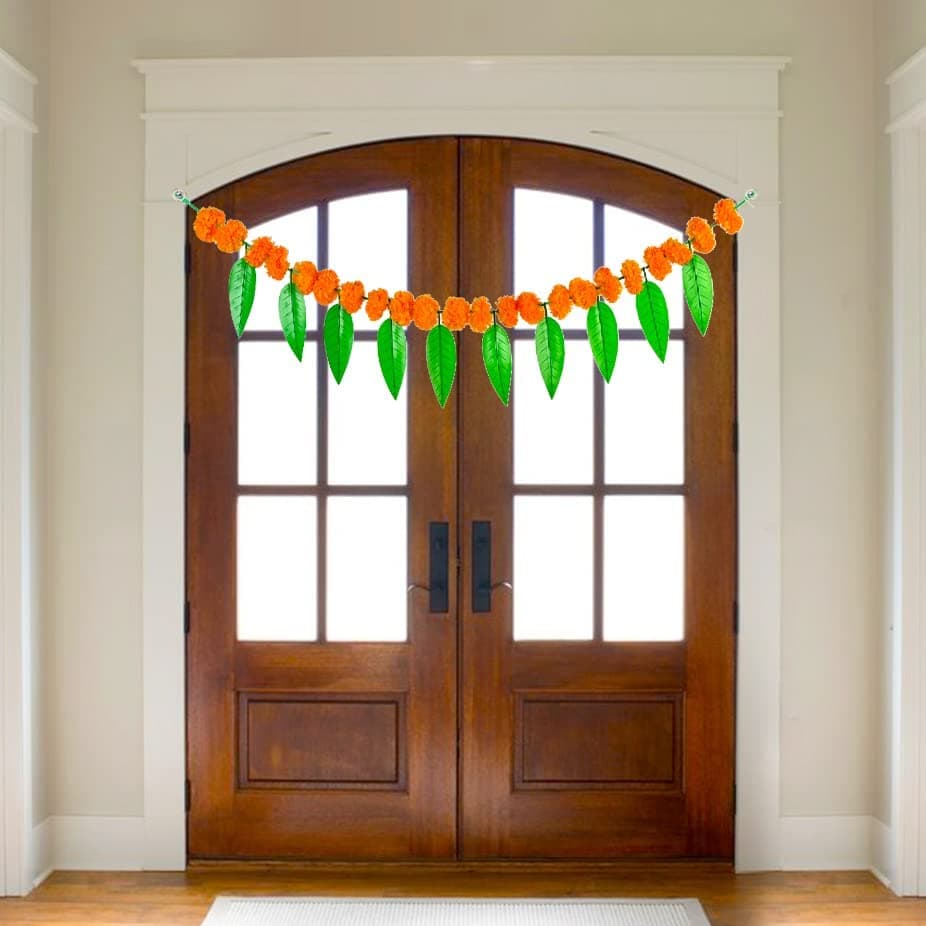 Saudeep India Traditional Marigold Fluffy Flowers Garlands Toran for Door Hanging Home Decoration for Main Door Ideal for Traditional Inauguration Parties Festivals DiwaliPattern 01
