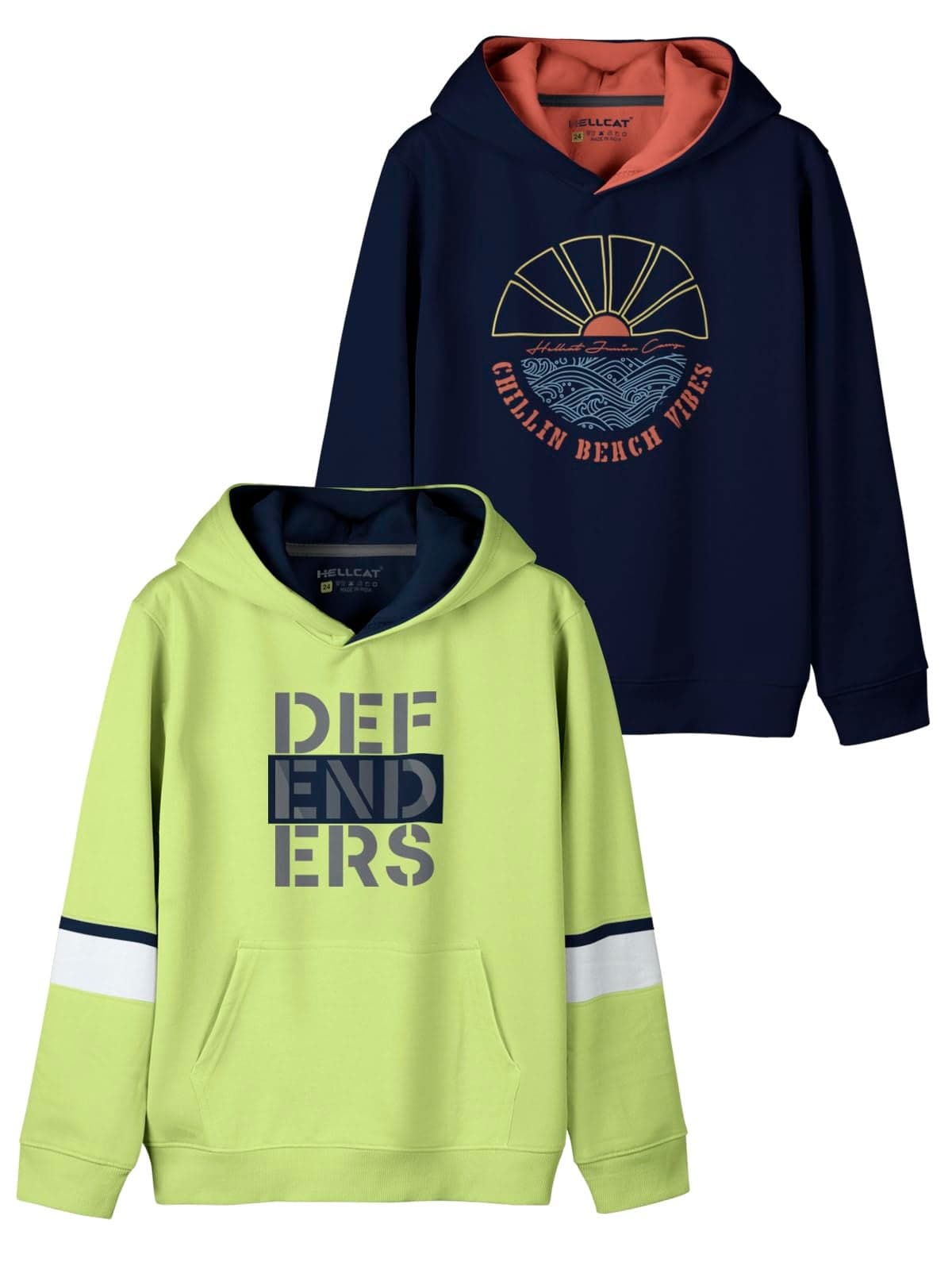 HELLCAT Printed Cotton Blend Hoodie Regular Fit Sweatshirt For Boys - Pack Of 2 Green/Navy Blue 9-10 Years