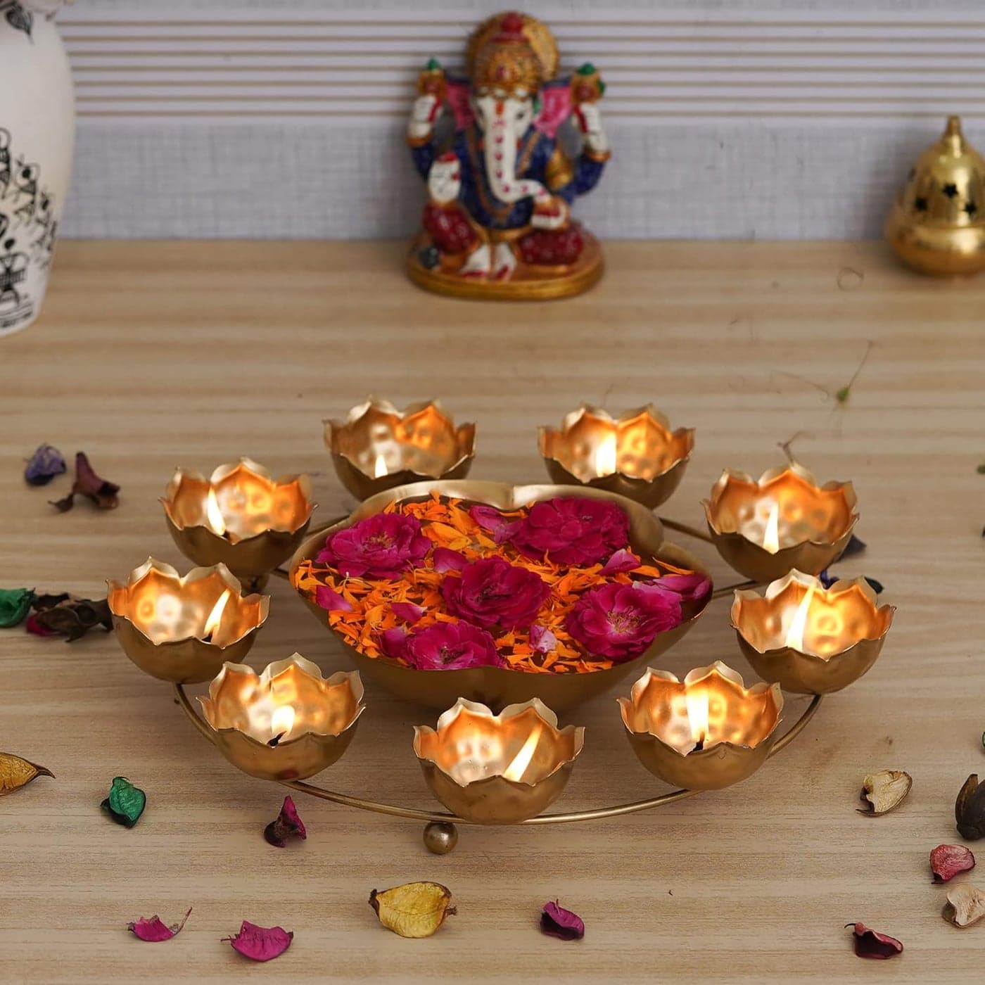 Webelkart Premium 9 Lotus Diya Shape urli Bowl for Home and Pooja Decorations Urli tealight Candle Holder for Home and Office Decor Lotus Urli Bowls 12 InchesGold Diwali Candle Holder