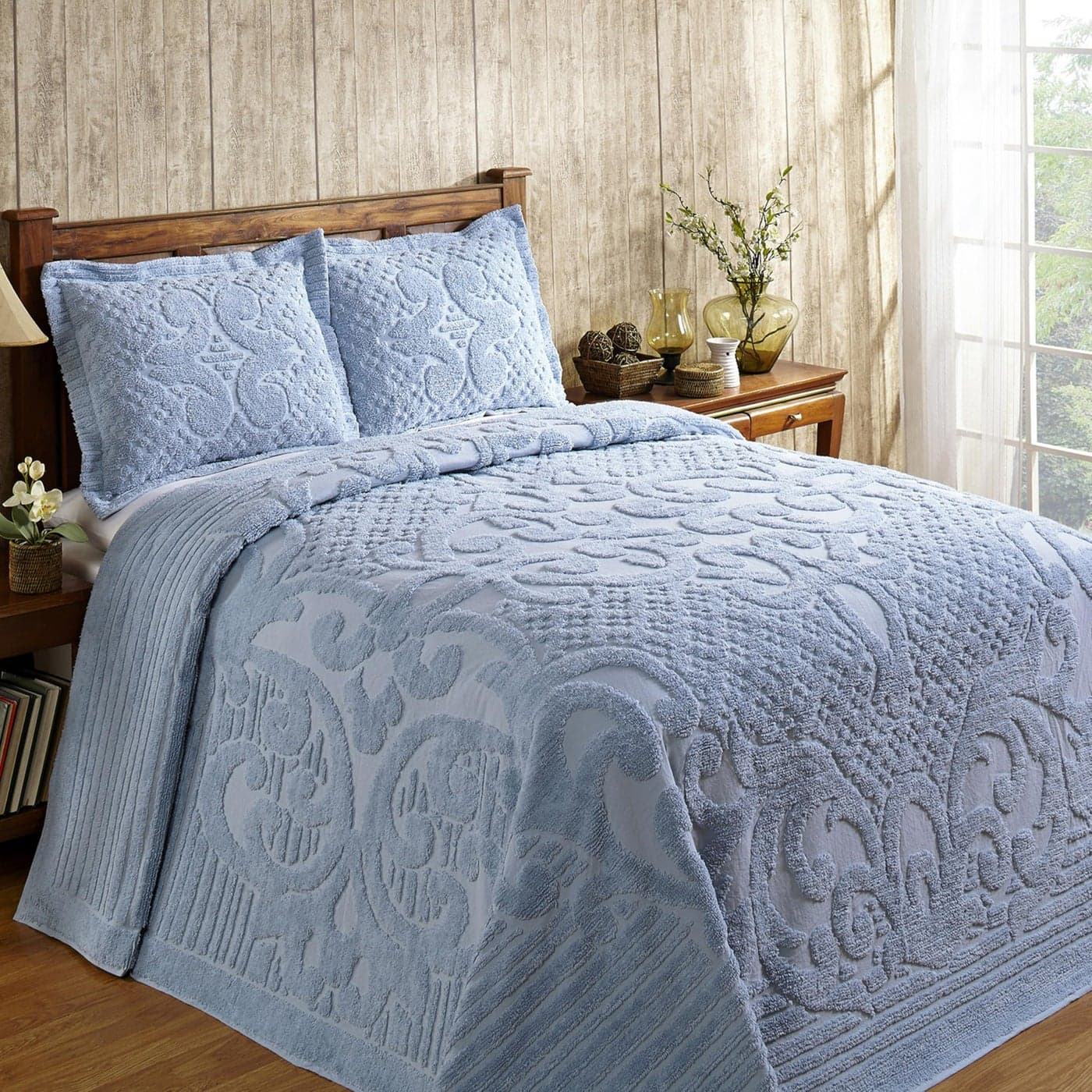 Better Trends Chenille Bedspreads King Size Blue 100 Cotton Chenille Medallion Design Tufted Bedding Coverlet Soft Lightweight 120x110 1 Piece Ashton Collection