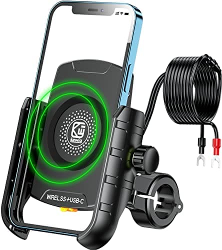 BRCOVAN Motorcycle Phone Mount Holder with Qi 15W Wireless Charger PDUSBC 20W Fast Charging Port Waterproof Cellphone Cradle with Aluminum Alloy Handlebar Mounting Base for 48 Smartphone