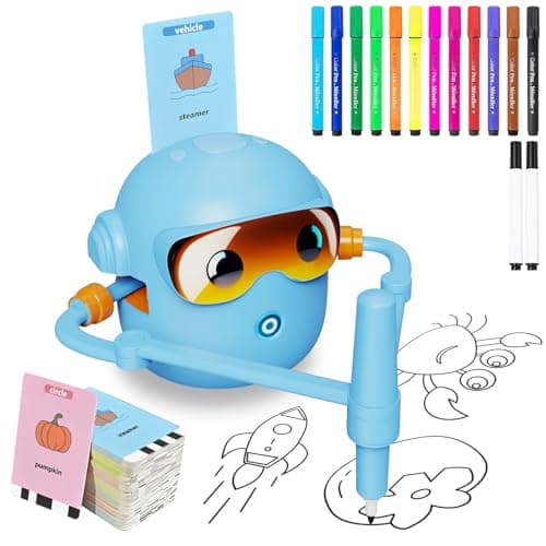Drawing Robot for Kids with 100 Word Cards 12 Color Pens Voice Interactive Educational Drawing Machine Montessori Painting Learning Toys for 3 4 5 6 7 8 Year Old Boys Girls Birthday Party Blue