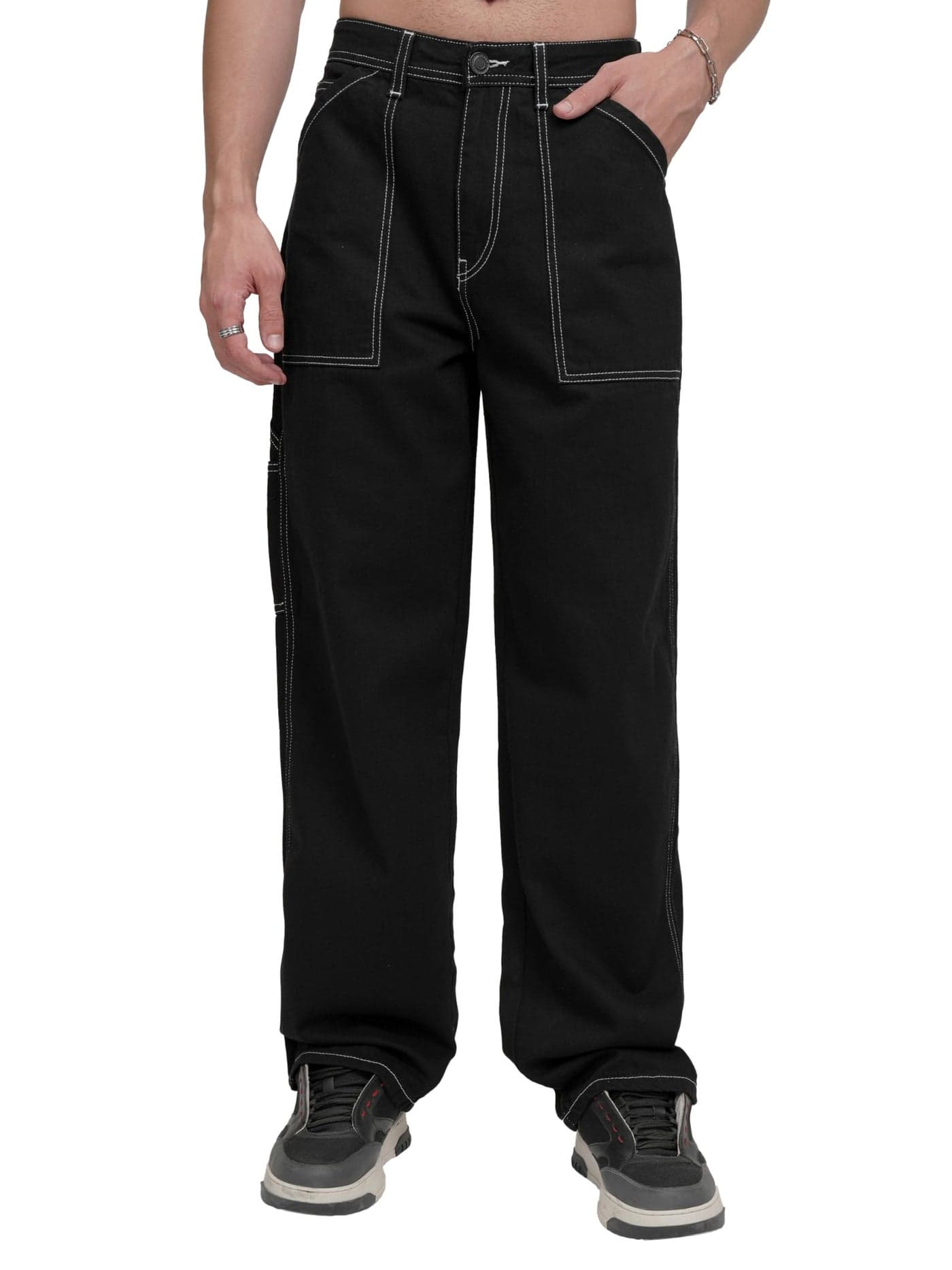 Highlander Men's Straight Fit | Carpenter Cargo Jeans | Functional Pockets for Utility & Versatility Black
