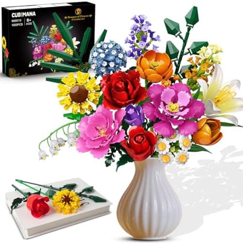 CUBIMANA Flower Bouquet Building Set 1043 PCS Bouquet Botanicals Collection Easter Gift for Her Girlfriend Wife 15 Artificial Flowers Building Blocks Home Decor for Adults Kids Teens Women Birthday
