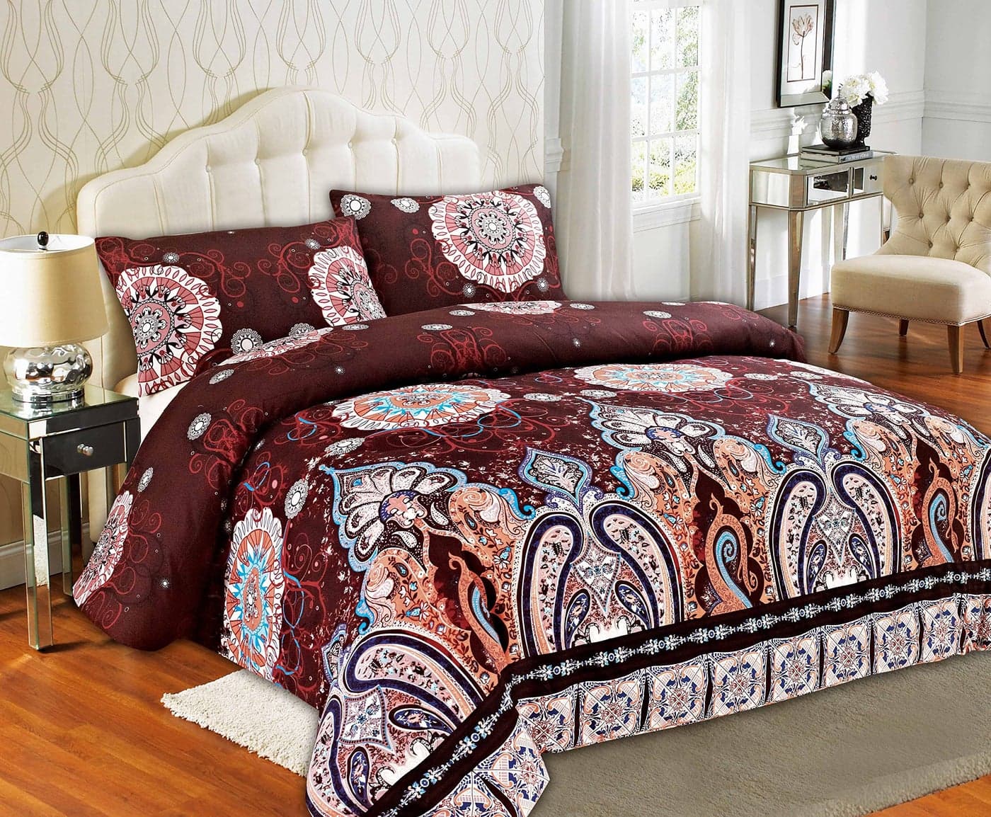 Tache Boho Duvet Cover Twin Geometric Floral Paisley Burgundy Palace Luxurious Microfiber Duvet Cover with Zipper and Security TiesRibbons 2 Piece Set Twin