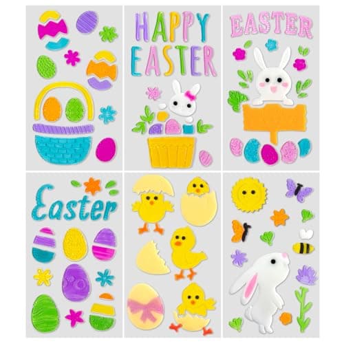 6Pcs Easter Window Clings Jelly Stickers Bunny Egg Flower Chick for Glass Windows Mirrors Refrigerators, Easter Window Decorations for Home Office Party Gift Decals