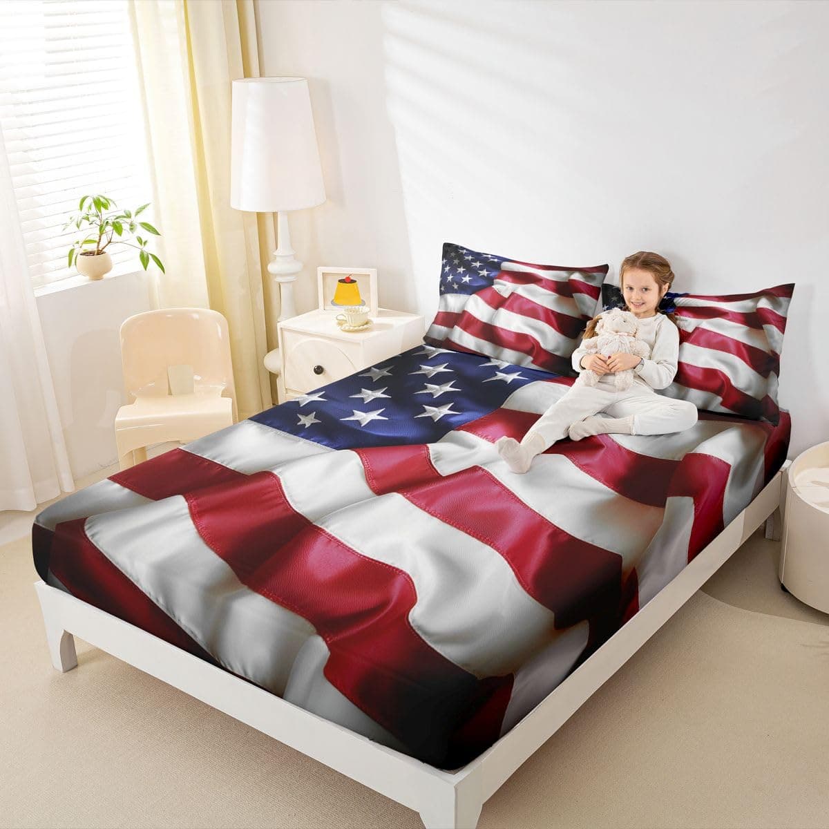 United States Fitted Sheet American Flag Blue Red Printing Bedding Set for Kids Teens Adult USA Federations Stars Stripe Fitted Bed Sheet Twin Size 1 Fitted Sheet with 1 Pillow CaseNo Top Sheet