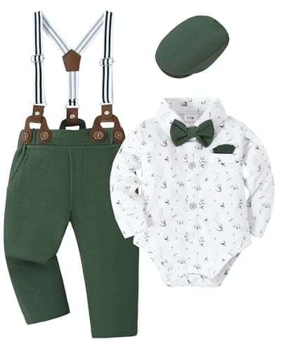 YALLET Baby Boy Outfits Suits Infant Formal Dress Clothes Gentleman Wedding Print ShirtBeret HatSuspender PantsBowtieGreen Print 36 Months