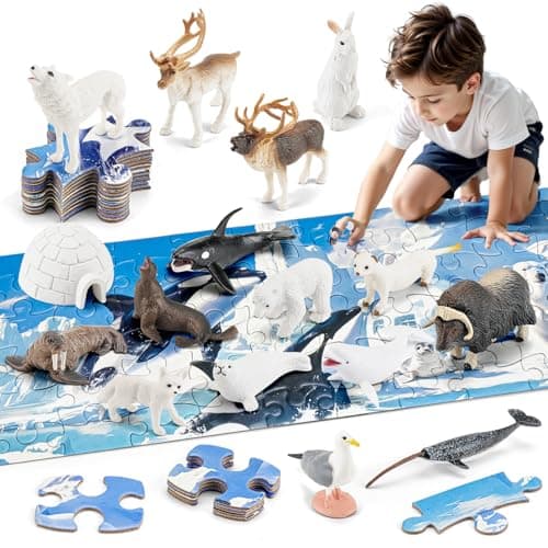 THINKBAY Arctic Animals Figurines Toys 16PCS Winter Polar Animals Figures 108 PCS Large Arctic Jigsaw Puzzles Toys for Preschool Kids Toddlers Ideal Gift for Boys and Girls