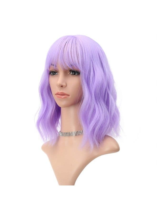 Wavy Wig Short Purple Wigs With Air Bangs Shoulder Length Wig For Women Curly Wavy Synthetic Halloween Cosplay Wig for Girl Costume Wigs (12" Purple Color)