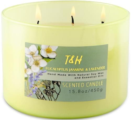 Eucalyptus Jasmine Lavender 3-Wick Soy Candle, 15.8 oz | Highly Scented Woodsy Lavender Candle | Aromatherapy Stress Relief Candles for Home | Clean-Burn | for Men & Women