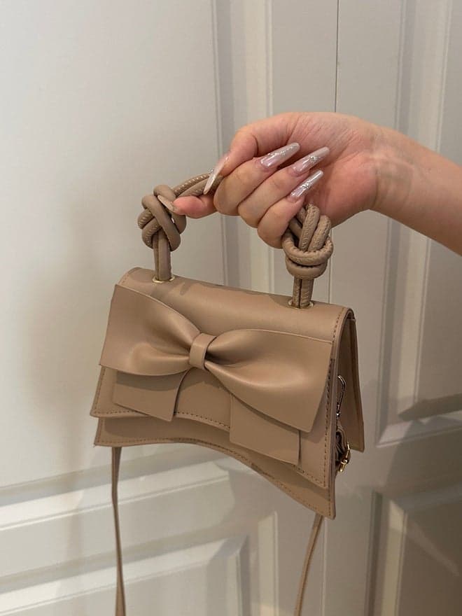 Tan Bow Handbag with Adjustable Strap