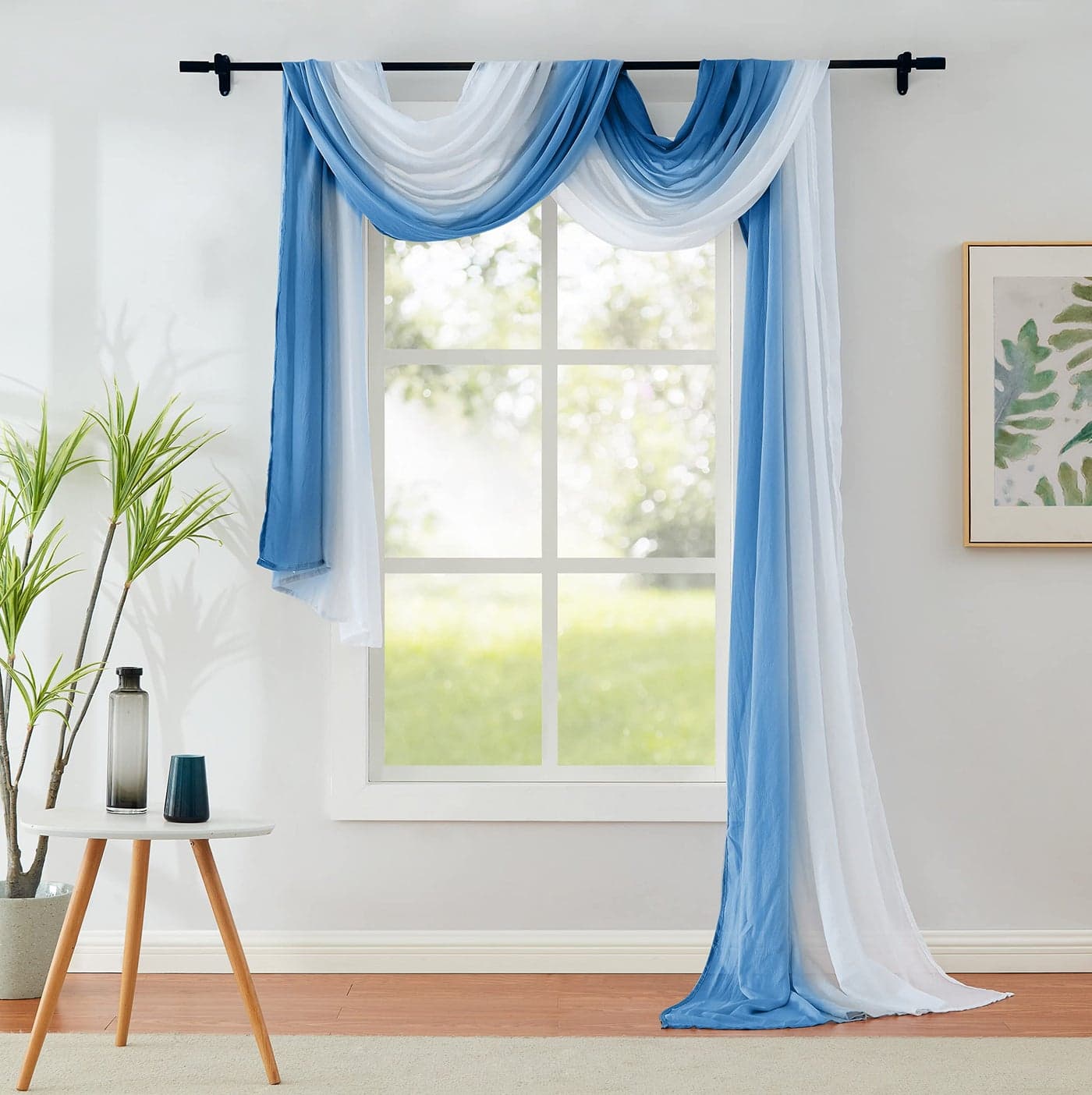 1 Piece Ombre Chiffon Sheer Window Scarf Valance Curtains 18ft for Living Room Home Decor 52x216 Long Crinkle Soft Window Top Sheer Voile Valance for Wedding Party Decor Blue
