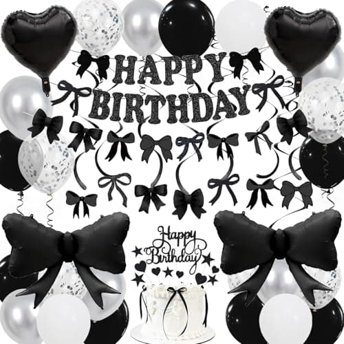 Black Bow Birthday Decorations Happy Birthday Banner Garland and Hanging Swirls 28Pcs Balloons Cake Toppers Bow Themed Party Decorations for Girls Women