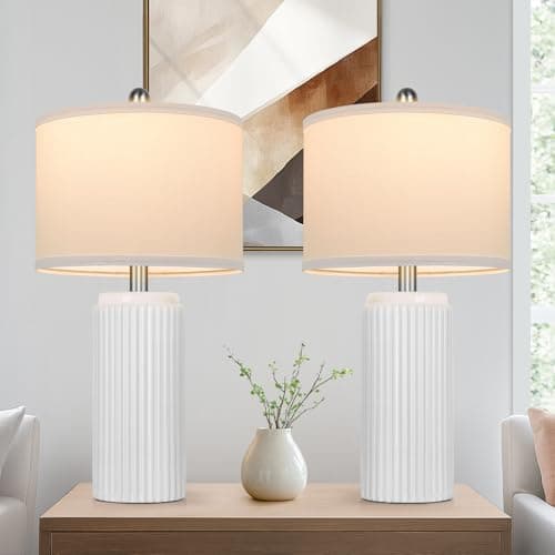 TOBUSA 23.5’’ Modern White Ceramic Lamps Set of 2, Living Room Retro Side Table Lamps, Farmhouse Bedside Nightstand White Lamps for Bedroom with Linen Shade, Elegant Decor Lamp Sets for Home Office