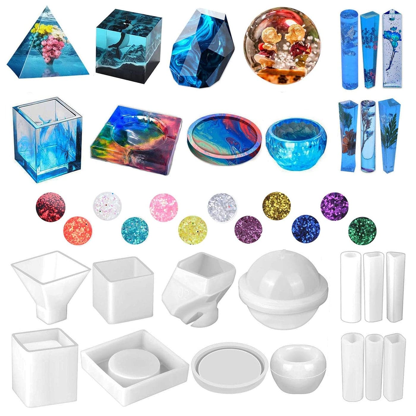 Silicone Resin Molds Kit 26PCS Epoxy Molds Large Casting with 12 Glitter Sequins for UV Casting Including Sphere Cube Pyramid Square Coaster Stone Pendants