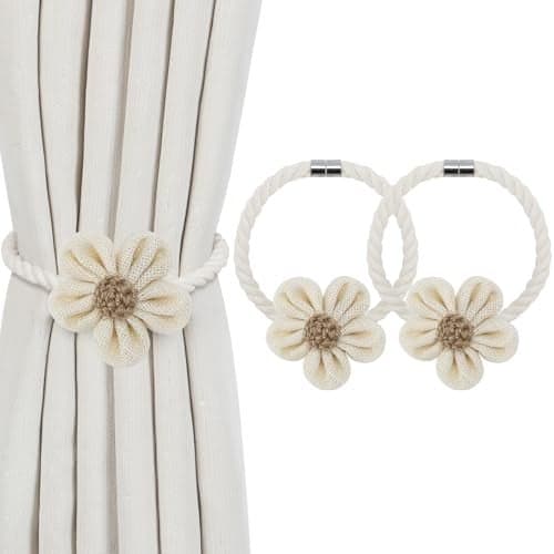 KLOGTSIND Magnetic Curtain Tiebacks, 2 Pack Flower Curtain Holdbacks for Draperies, Elegant Curtain Tie Backs for Boho Bedroom Decor, Toddler Girl Room Decor, Baby Nursery Decor