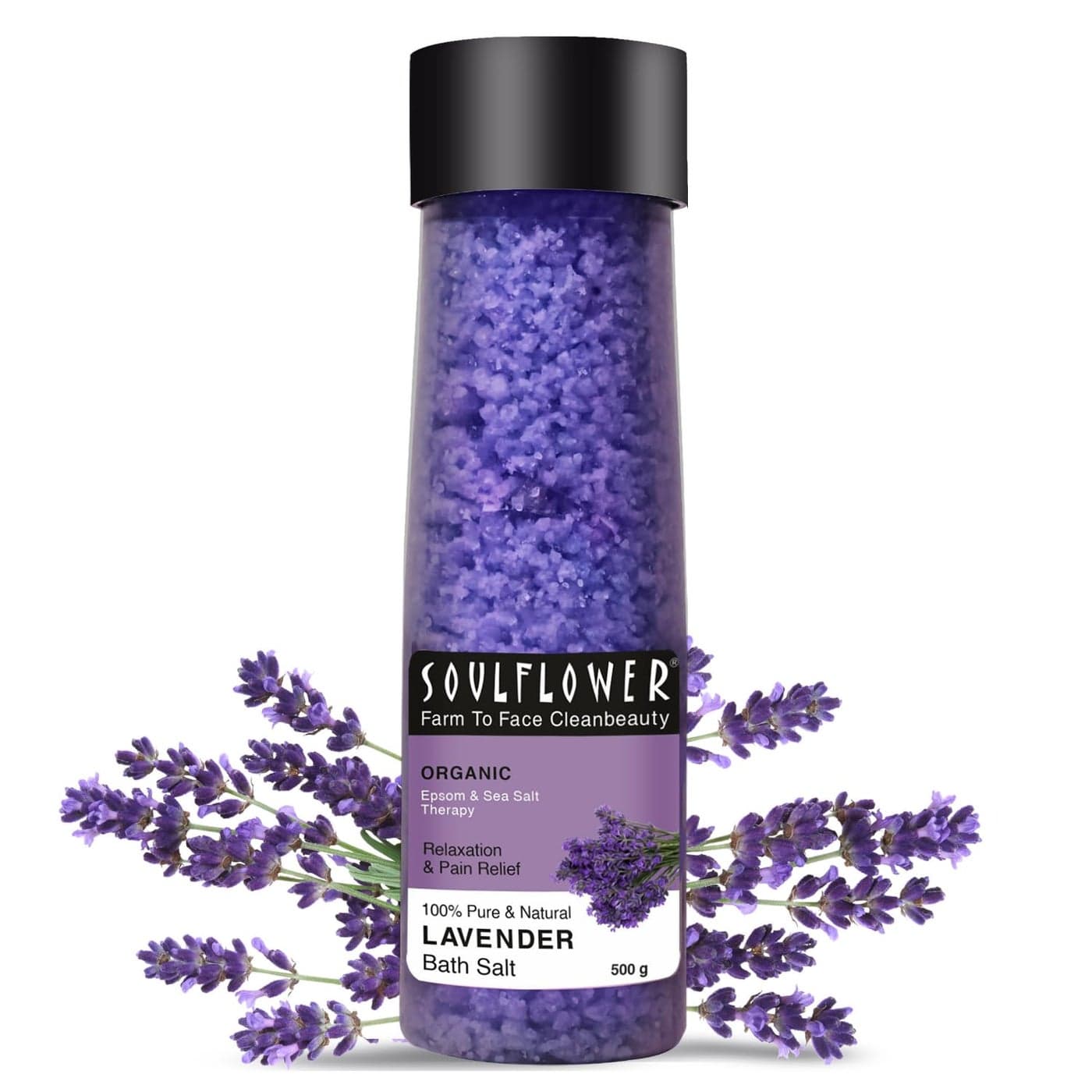 Soulflower Epsom Lavender Bath Salt for Body Foot Spa Calming Relaxing Muscle Pain Relief Aromatherapy Pure Natural Sea Salt Lavender Essential Oil Vitamin E 500g Pack of 1