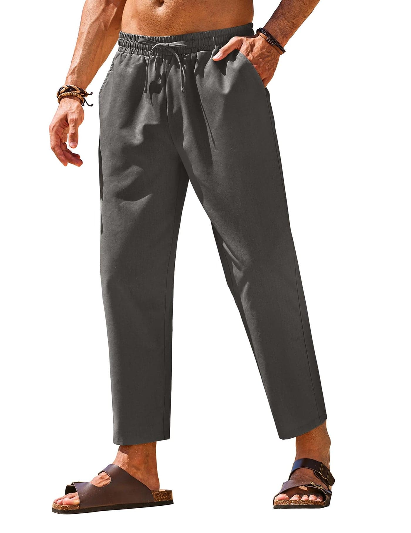 COOFANDY Linen Pants Men Lightweight Elastic Waist Casual Trousers Yoga Beach Summer Pants Dark Grey