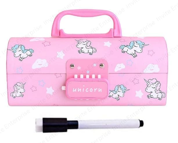 Invite Enterprise Pink Plastic Pencil Case & Pencil Box for Kids, Multi-Layer, Password-Locked, Stationery Organizer