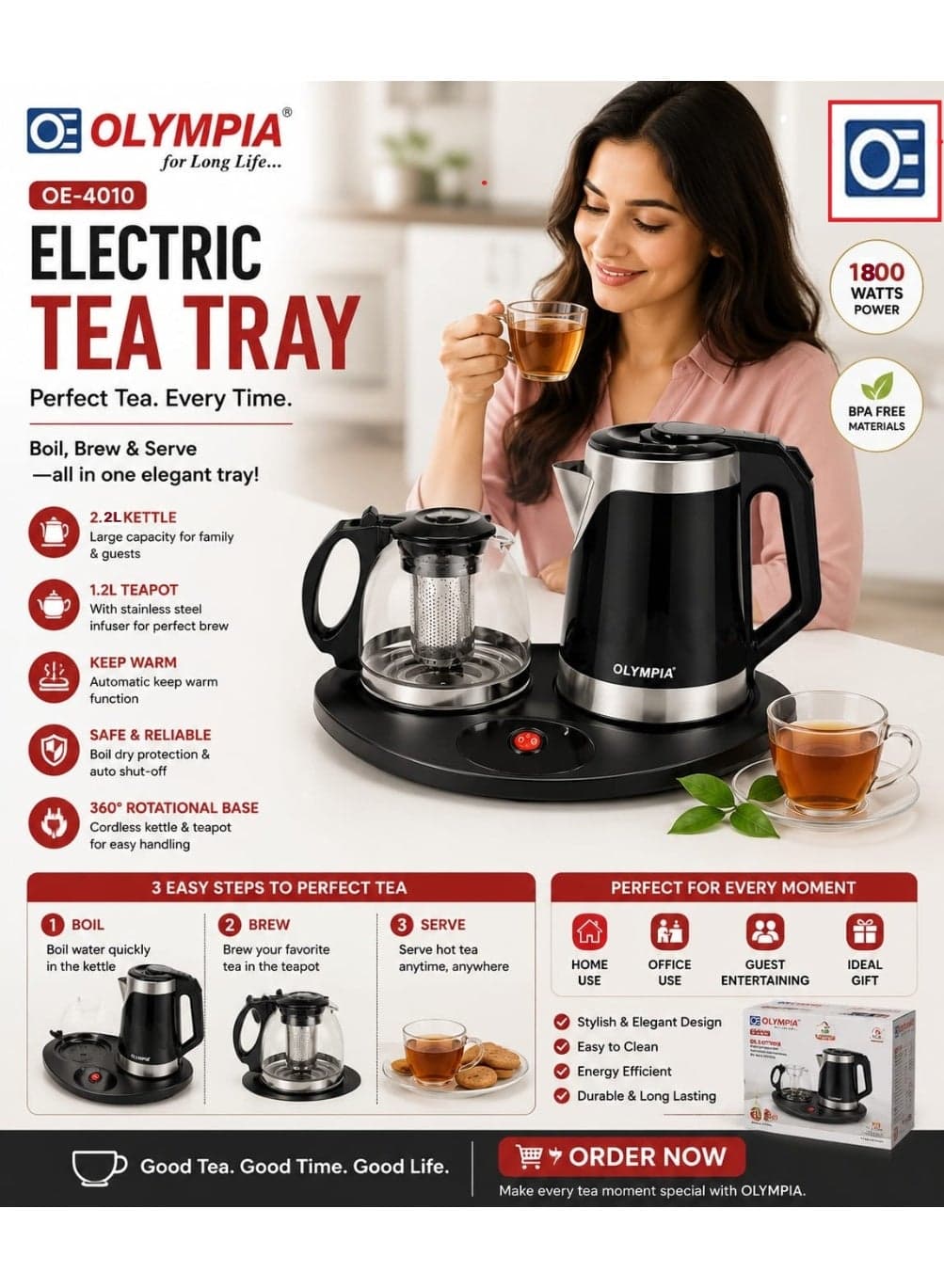 Olympia Electric Tea Tray – Enjoy Perfect Tea Every Time with a Stylish 2.2L Kettle and 1.2L Teapot, Designed for Easy Brewing, Serving, Keeping Warm, and Creating Special Tea Moments at Home or Office.