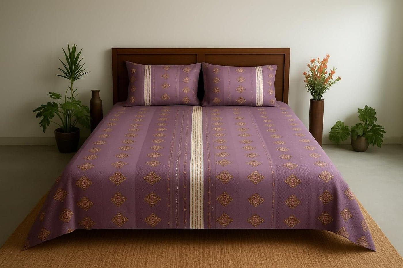 Sinoi Double/King Size Bedsheet with 2 Pillow Covers (Purple, Double, Floral)