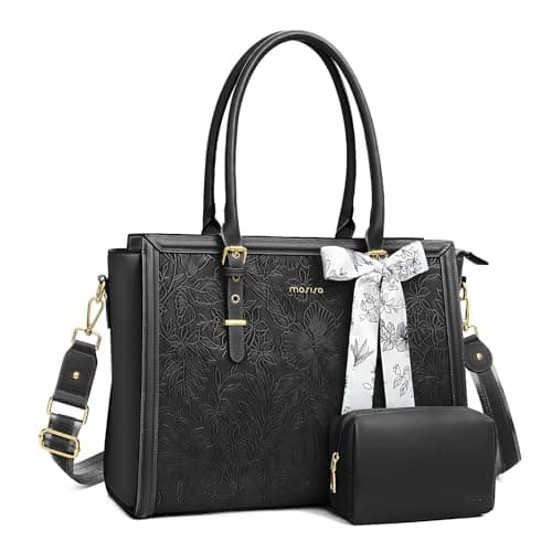 MOSISO Laptop Bag for Women, 17-17.3 inch PU Leather Tote Bag Compatible with MacBook, HP, Dell, Asus Notebook, Front Embossed Retro Hibiscus Computer Bags with Silk Scarf&Clutch Purse, Black