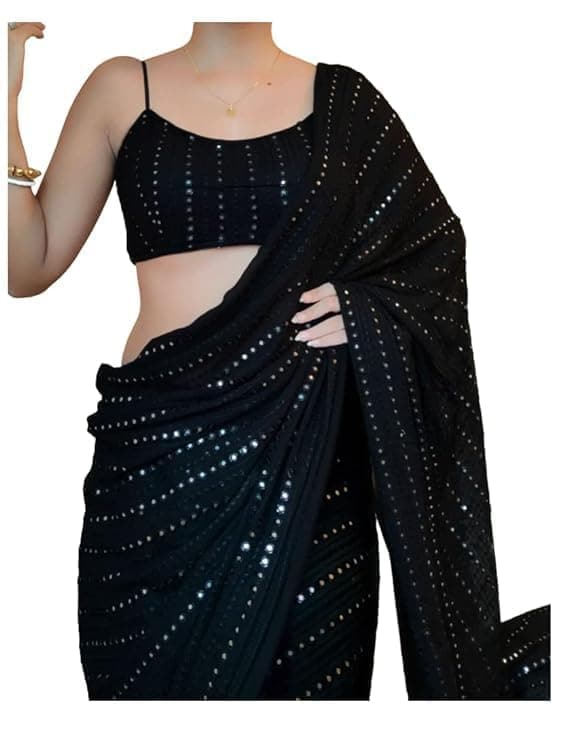 Flosive Women's Thread Sequence Work Georgette Saree With Blouse Piece (BLACK)