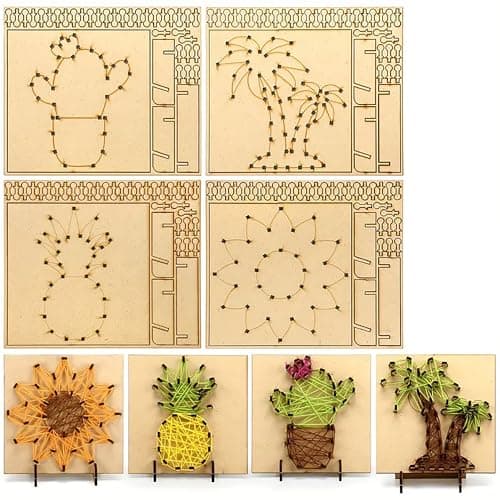 American Elm Set of 4 Summer String Art Kits Wooden Boards with Stand, Pins & Designs (Palm Tree, Cactus, Sunflower, Pineapple) DIY Craft Kits for Adults