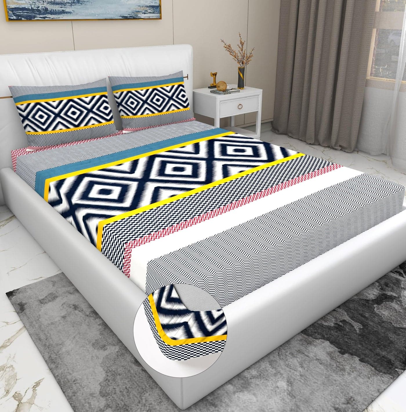 RD TREND® 360° Fitted Bedsheets King Size 78x72x8 Inch, Elastic Bedsheets for King Size Bed with 2 Pillow Covers-18x28 Inch (Black Zigzag)