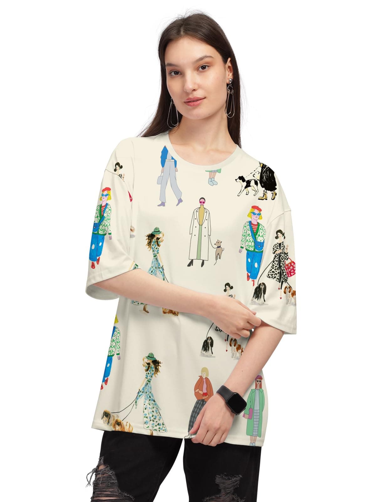 HELLCAT Women Cotton Blend Cream Trendy Printed Oversized T-Shirt, XX-Large