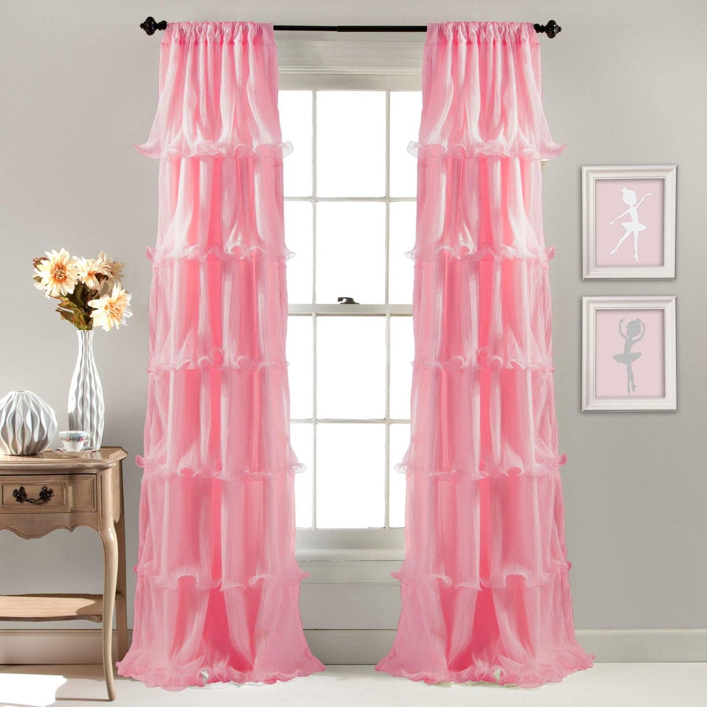 Lush Decor Nerina Sheer Ruffled Textured Pink Window Panel for Living Dining Room Bedroom Single Curtain 84 by 54Inch