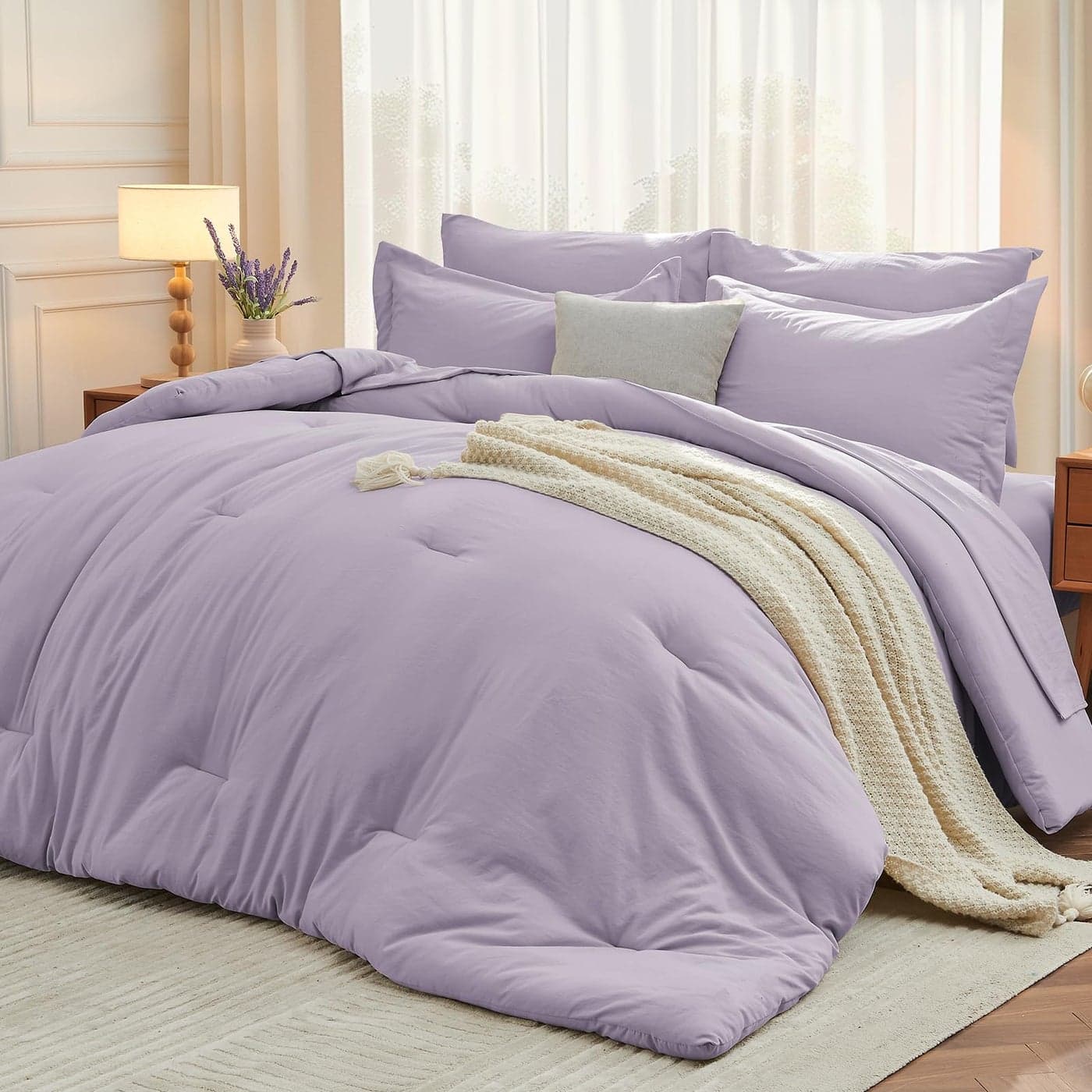 MUXHOMO 7 Pieces Queen Comforter Set Soft Bed in a Bag Queen Size All Season Bedding Set with Comforter Flat Sheet Fitted Sheet Pillowcases Shams Lavender