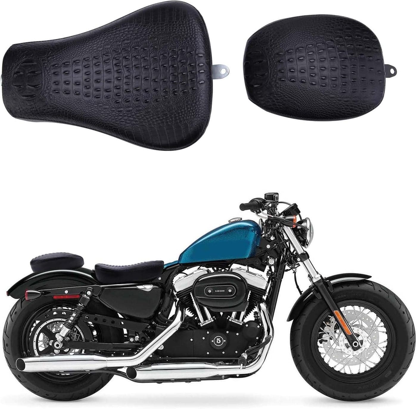 Rich Choices Black Crocodile Motorcycle Front Driver Solo Seat and Rear Passenger Pillion Pad for Sportster Models