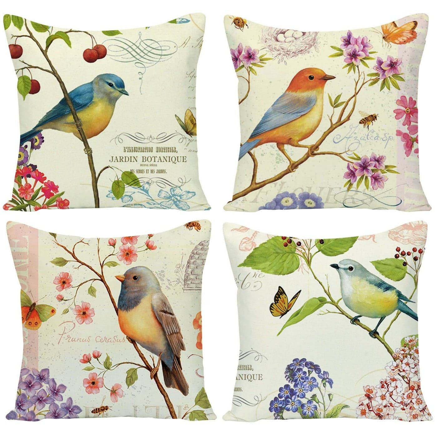 Wilproo Outdoor Bird Decorative Throw Pillowcase Bird Flower Both Sides Printed Spring Cushion Cotton Linen 18x18 Set of 4 Patio for Home Couch Sofa Decor